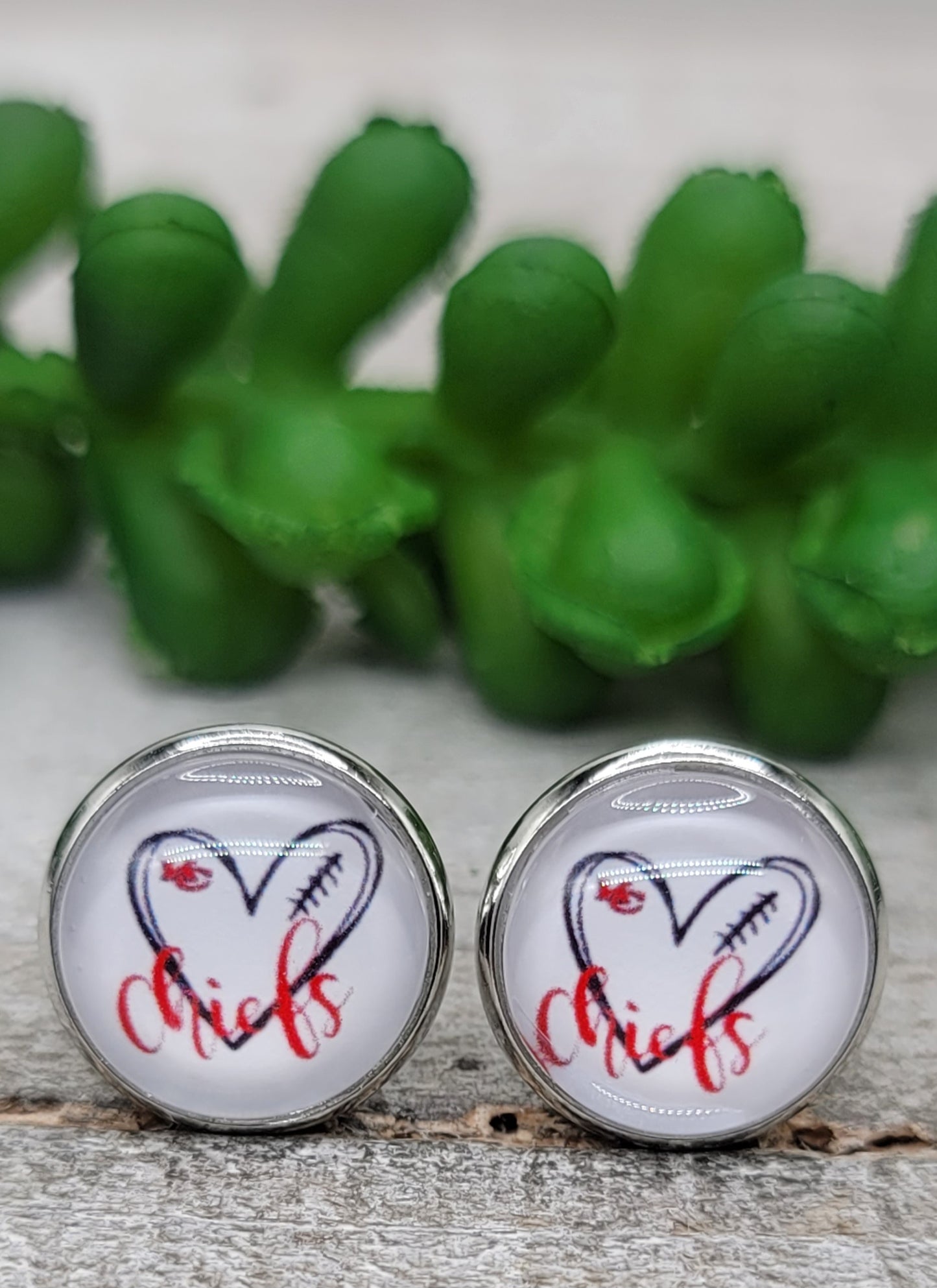 KC Chiefs Football - Heart || 12mm Glass Stud Earrings || Hypoallergenic