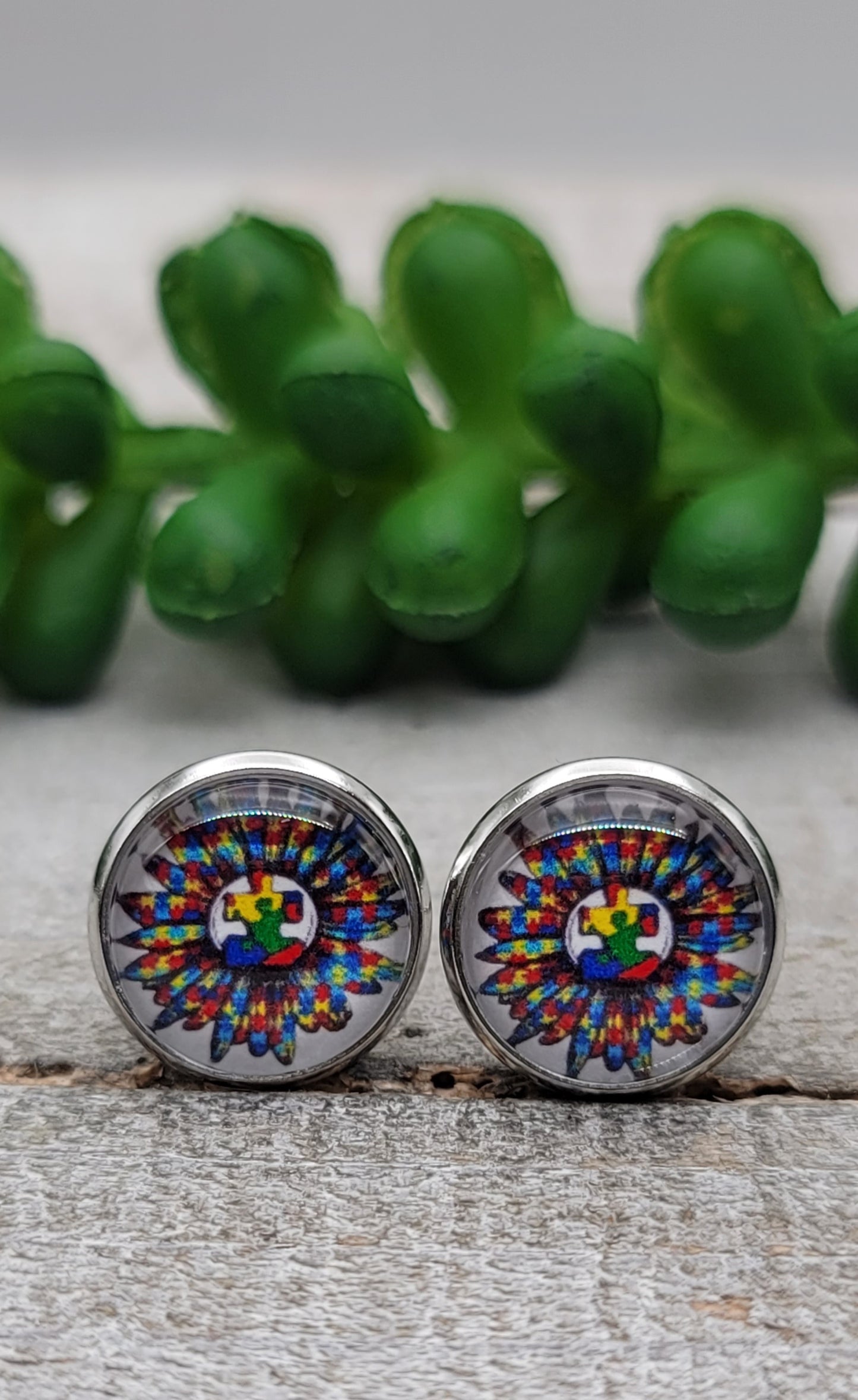 Sunflower Autism Awareness || 12mm Glass Stud Earrings || Hypoallergenic