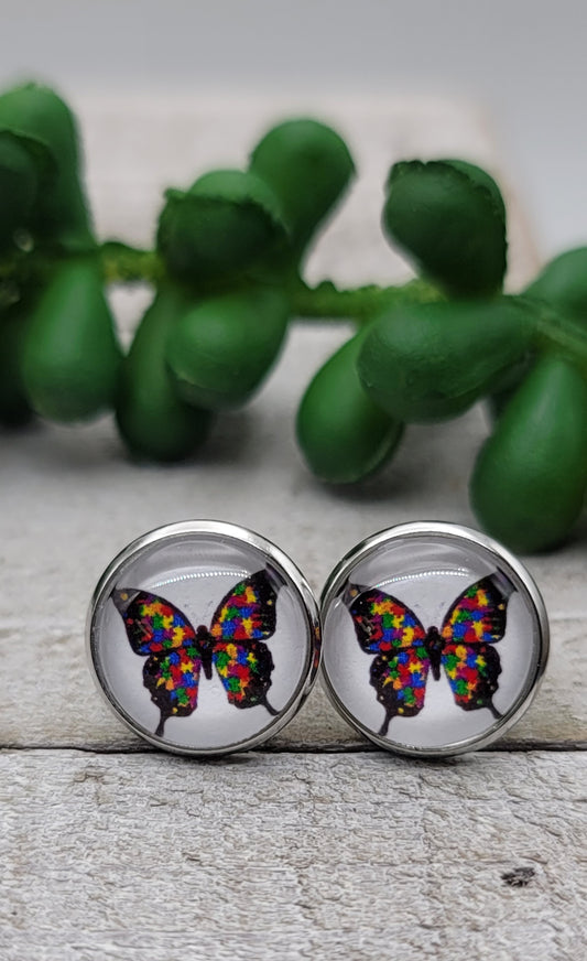 Butterfly Autism Awareness || 12mm Glass Stud Earrings || Hypoallergenic