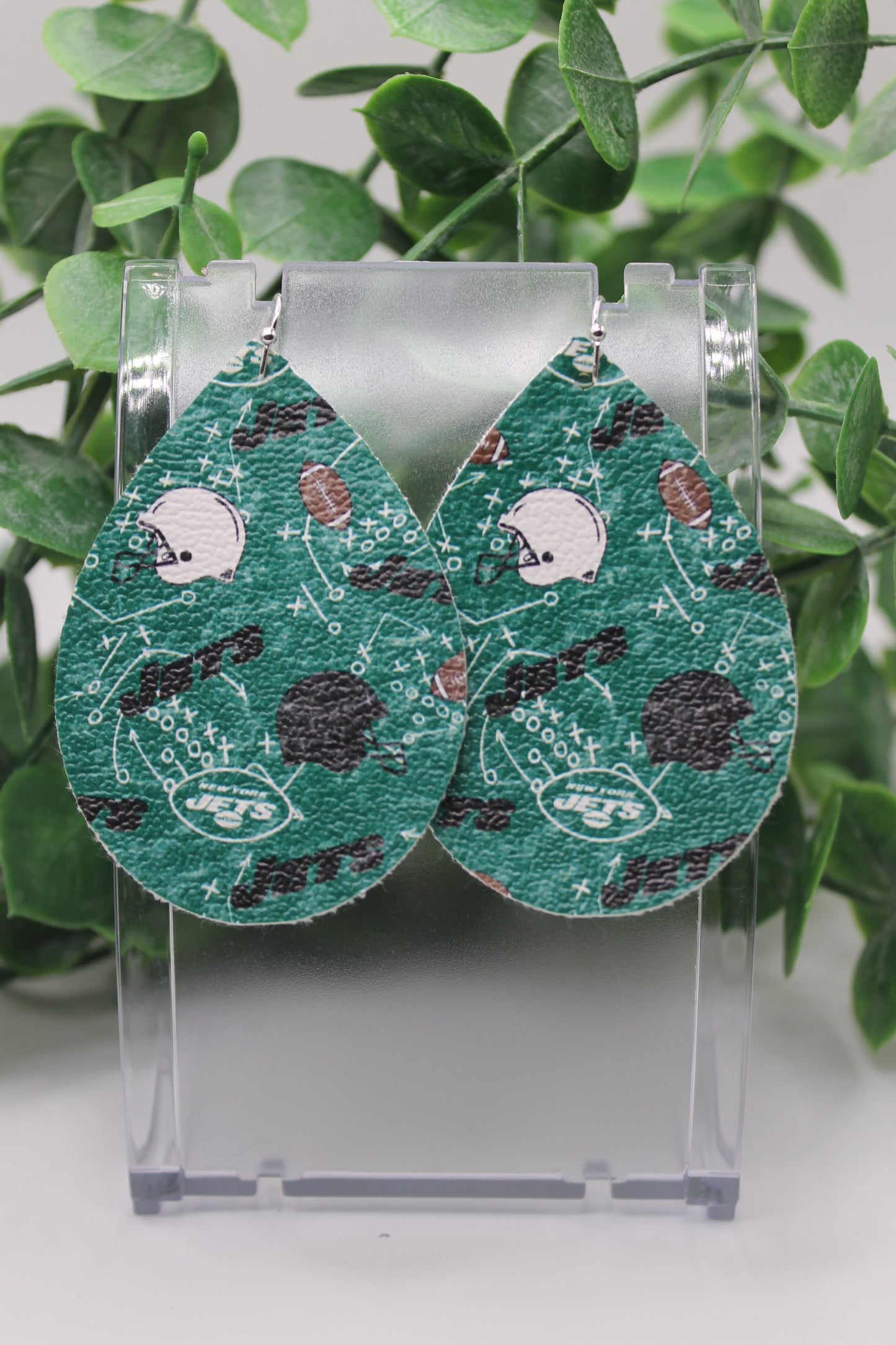 Jets Football || Teardrop Faux Leather Earrings || Hypoallergenic