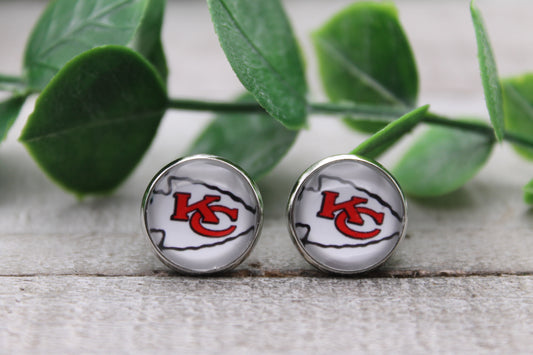 KC Chiefs Football - White Arrow | 12mm Glass Stud Earrings | Hypoallergenic