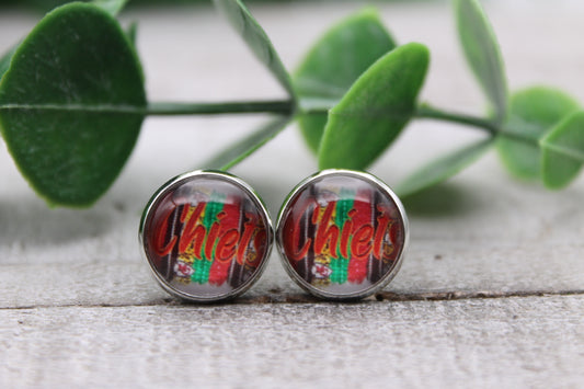 KC Chiefs Football - Brushstrokes | 12mm Glass Stud Earrings | Hypoallergenic