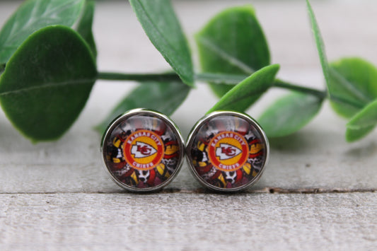 KC Chiefs Football - Sunflower | 12mm Glass Stud Earrings | Hypoallergenic