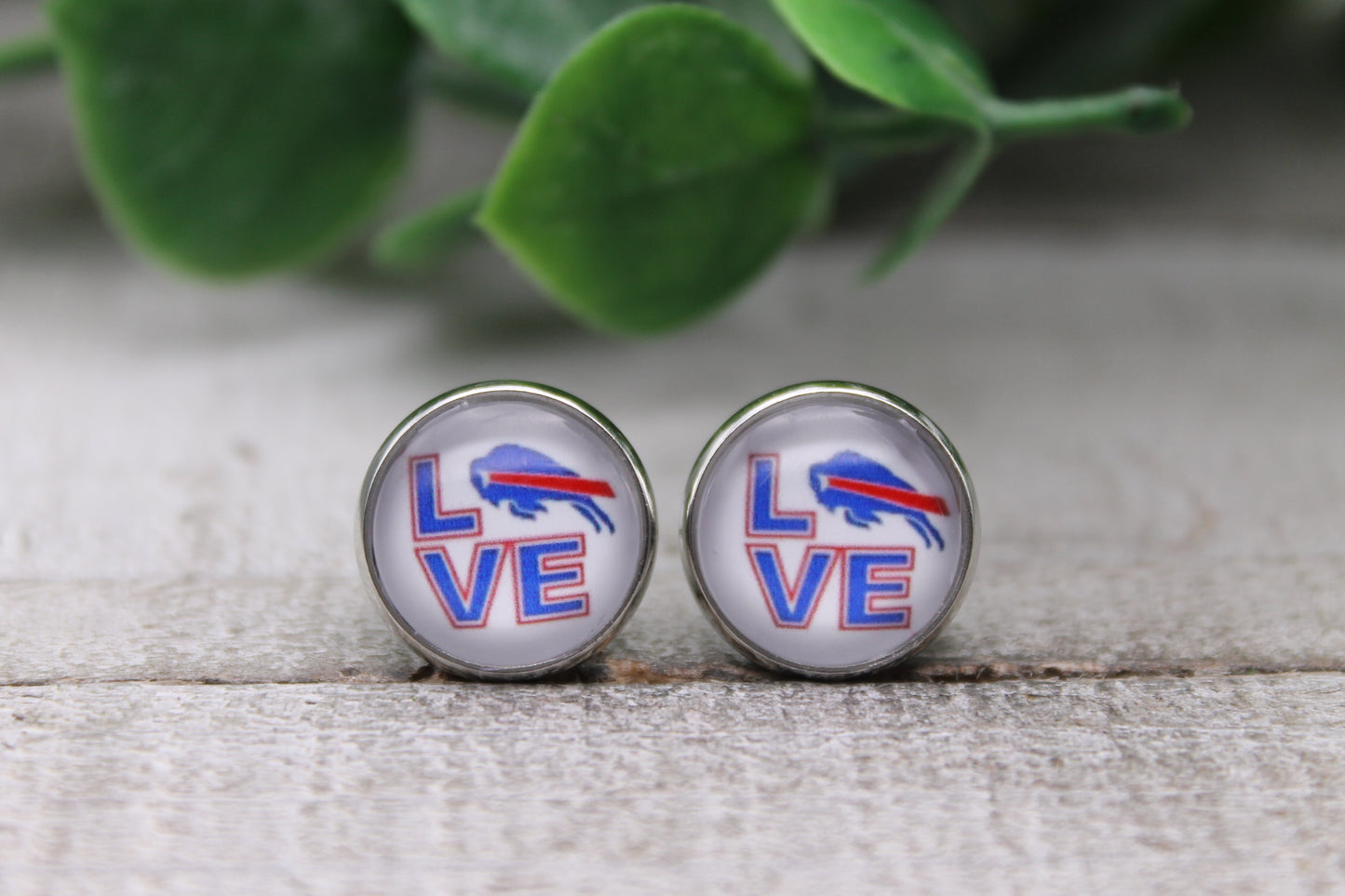 Bills Football - LOVE || 12mm Glass Stud Earrings || Hypoallergenic