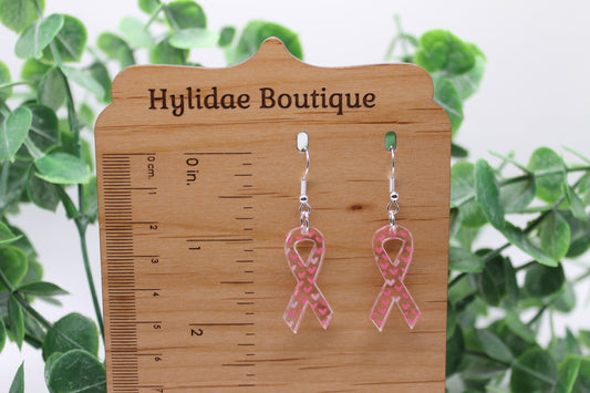 Pink Heart Ribbons Breast Cancer Awareness || Acrylic Dangle Earrings || Hypoallergenic