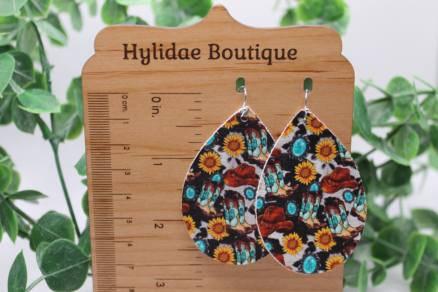 Sunflowers & Turquoise Cowgirl Hats and Boots || Teardrop Faux Leather Earrings || Hypoallergenic