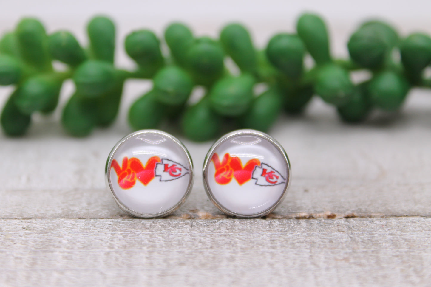 KC Chiefs Football - Peace Love || 12mm Glass Stud Earrings || Hypoallergenic