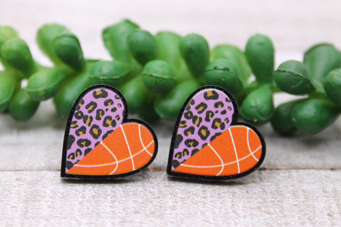 Basketball & Leopard Hearts || Resin Stud Earrings || Hypoallergenic