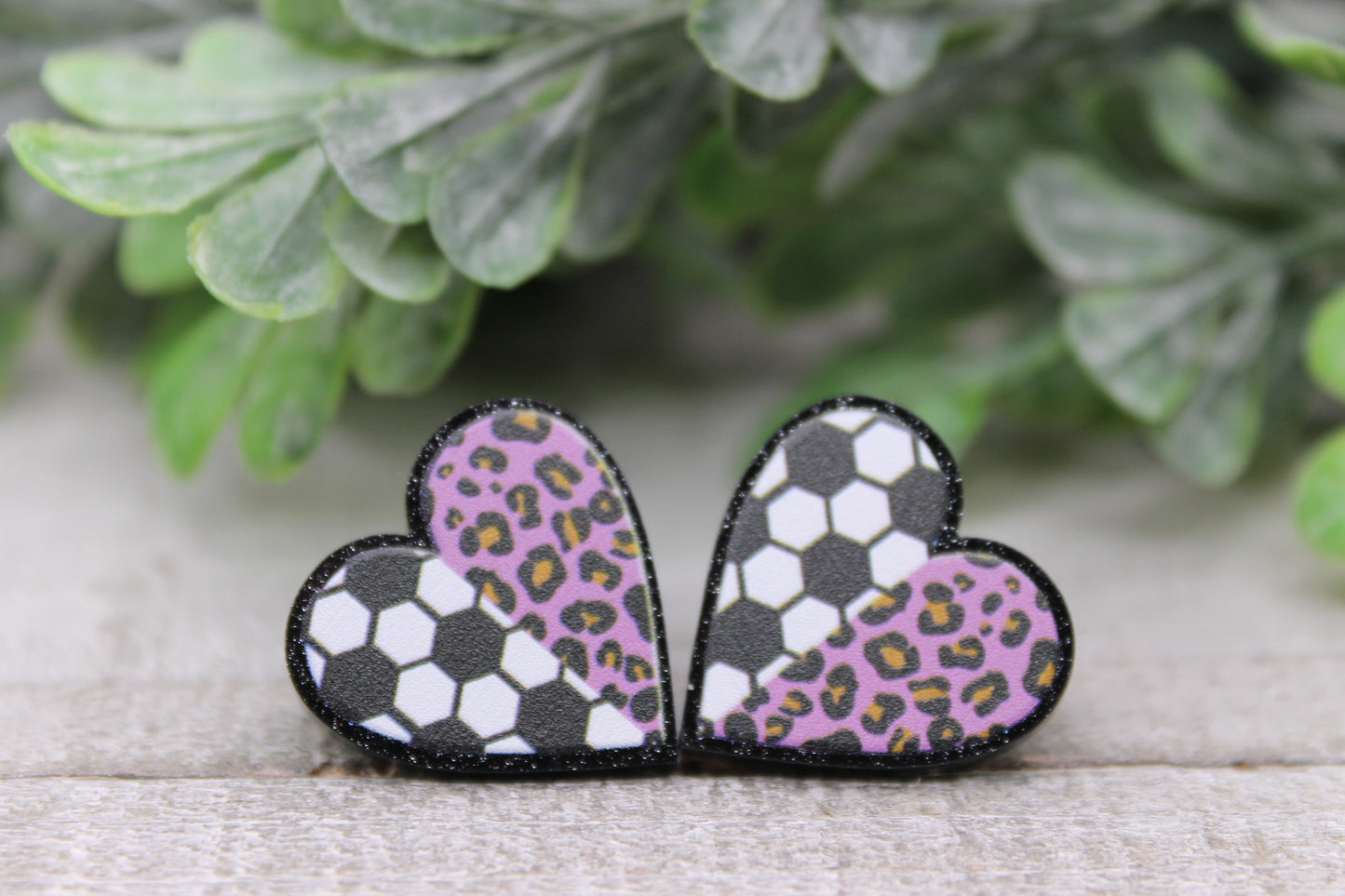 Soccer & Leopard Heart || 15mm Stud Earrings || Hypoallergenic