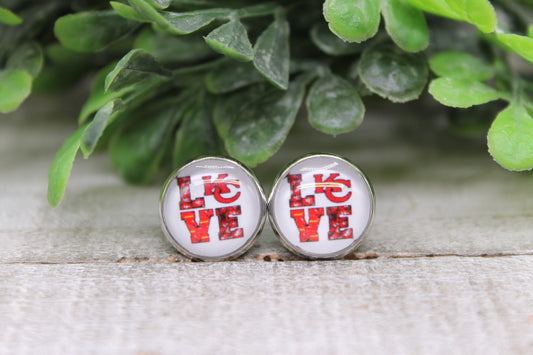 KC Chiefs Football - LOVE || 12mm Glass Stud Earrings || Hypoallergenic