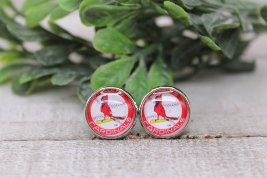 St Louis Cardinals Baseball Circle || 12mm Glass Stud Earrings || Hypoallergenic