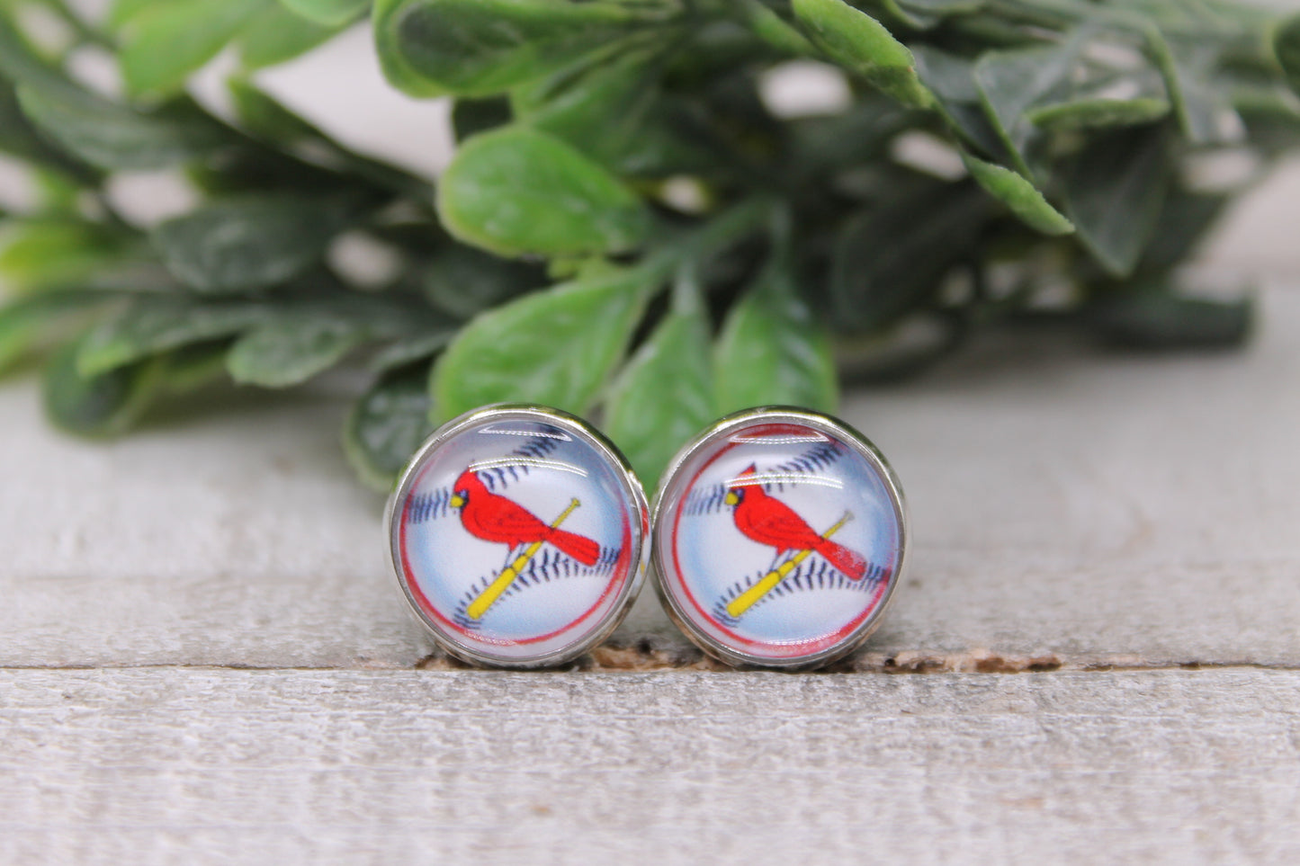 St Louis Cardinals Baseball || 12mm Glass Stud Earrings || Hypoallergenic