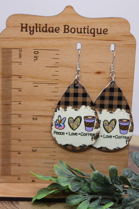 Peace Love Coffee Teardrop || Faux Leather Dangle Earrings || Hypoallergenic