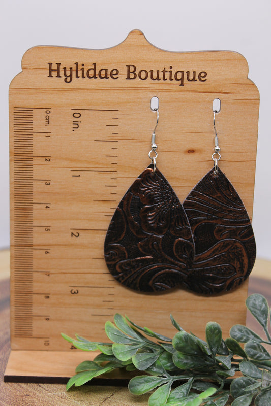 Brown Tooled Leather Teardrop || Faux Leather Dangle Earrings || Hypoallergenic