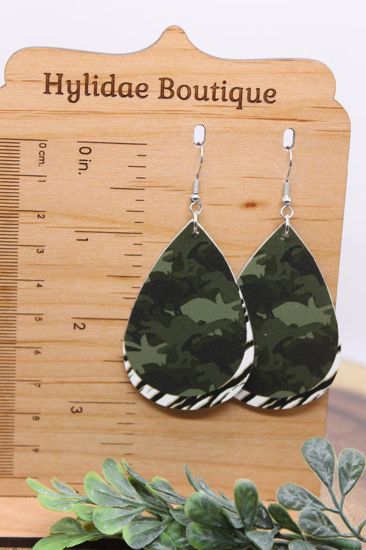 Dinosaur Camo Teardrop || Faux Leather Dangle Earrings || Hypoallergenic