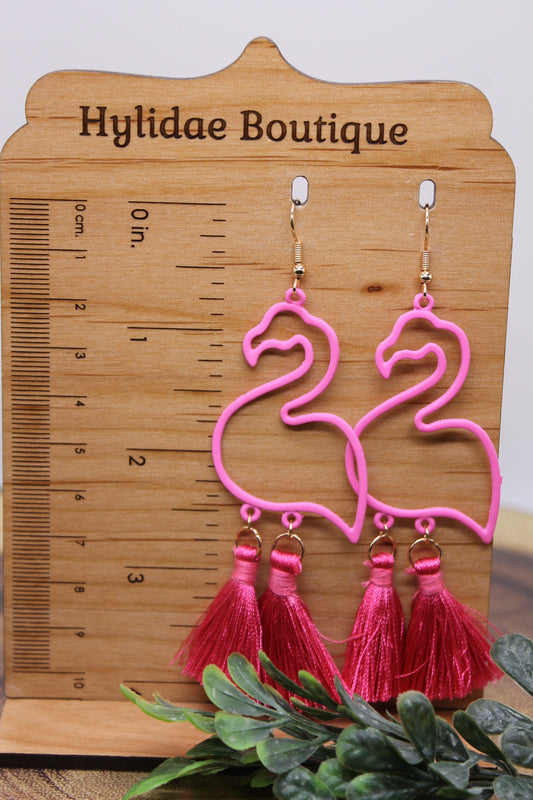 Pink Tassel Flamingos || Dangle Earrings || Hypoallergenic