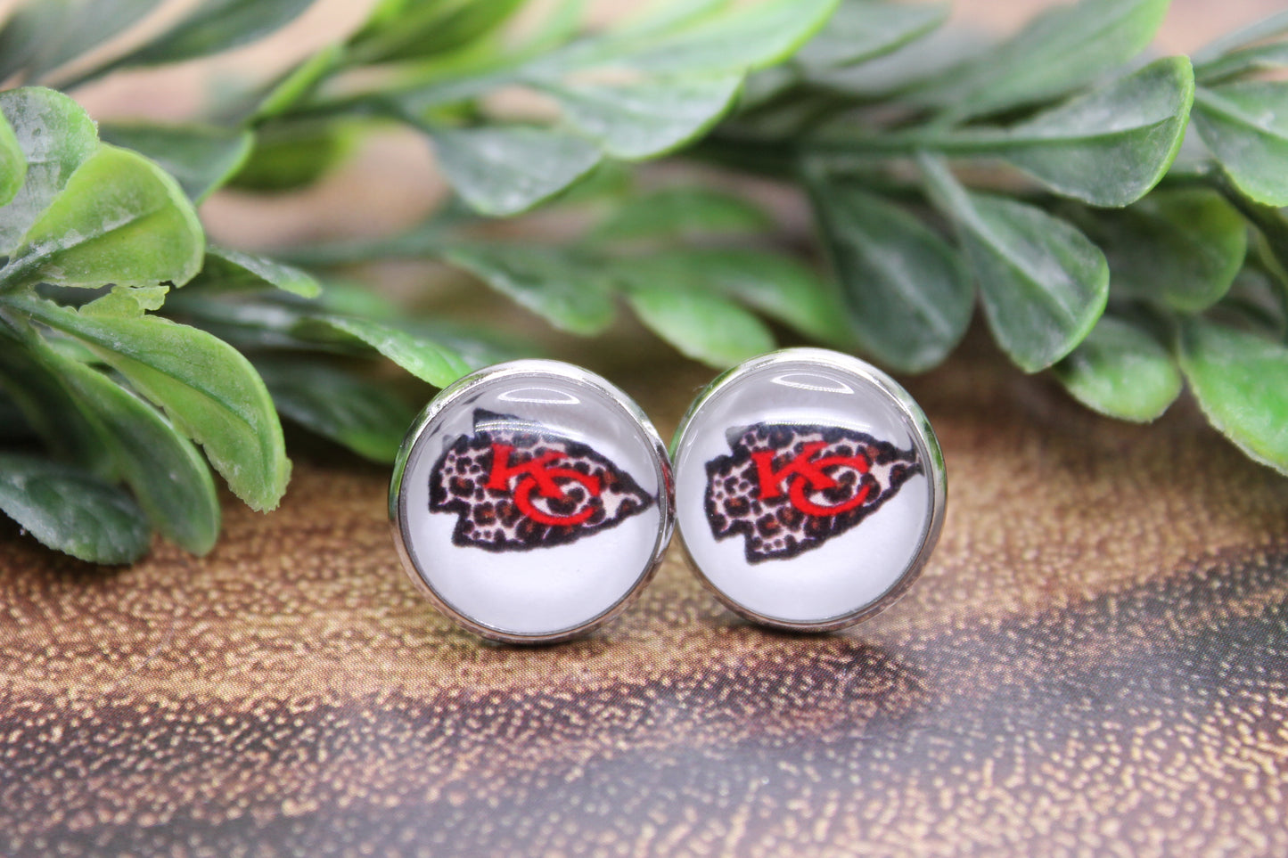 KC Chiefs Football - Leopard Arrow || 12mm Glass Stud Earrings || Hypoallergenic