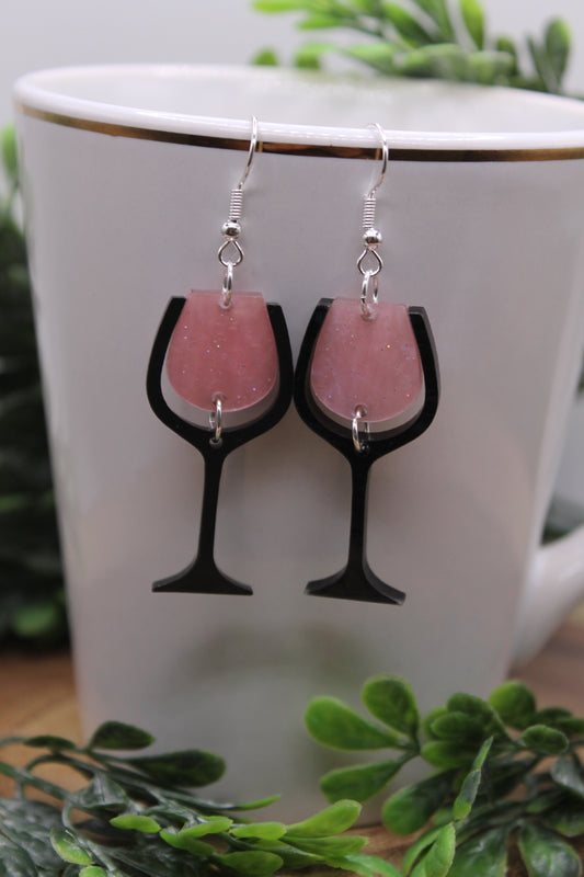 Rose Wine Glass || Acrylic Dangle Earrings || Hypoallergenic