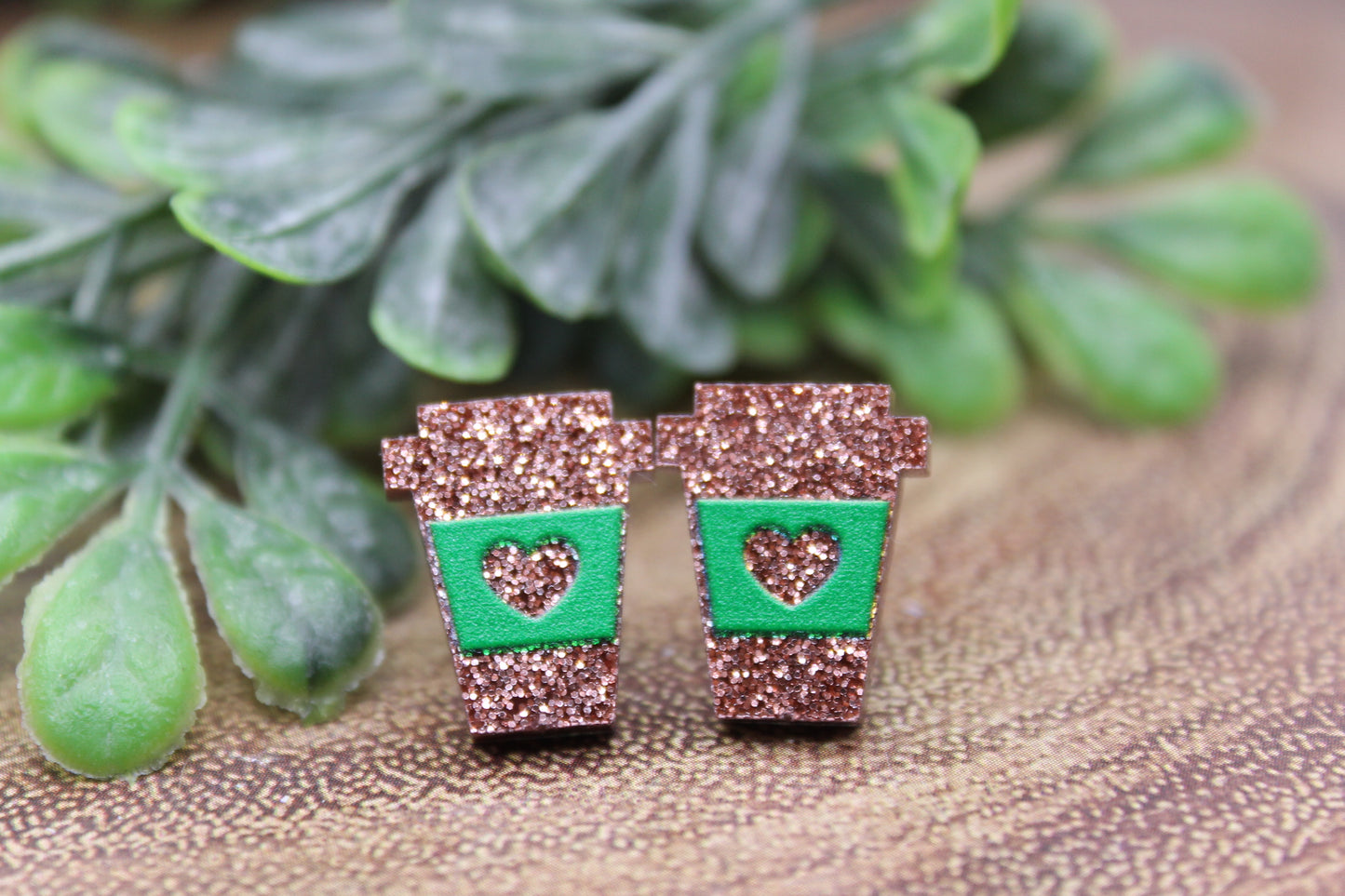 Glitter & Green Coffee Cups with Hearts | Stud Earrings | Hypoallergenic