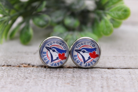 Toronto Blue Jays Baseball || 12mm Glass Stud Earrings || Hypoallergenic