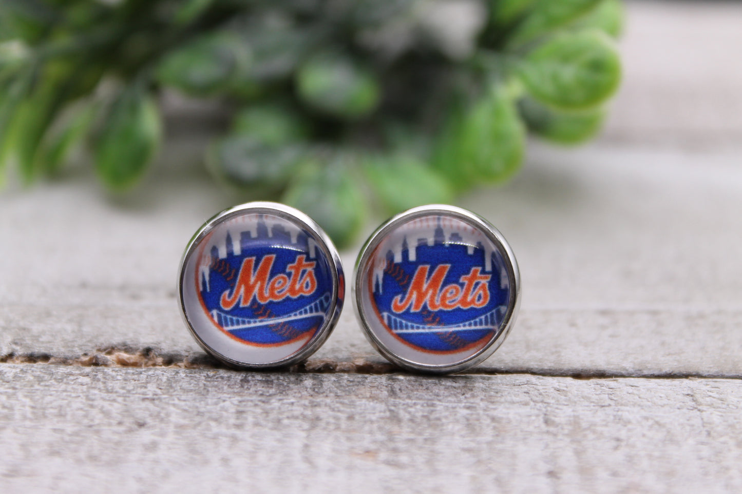 Mets Baseball || 12mm Glass Stud Earrings || Hypoallergenic