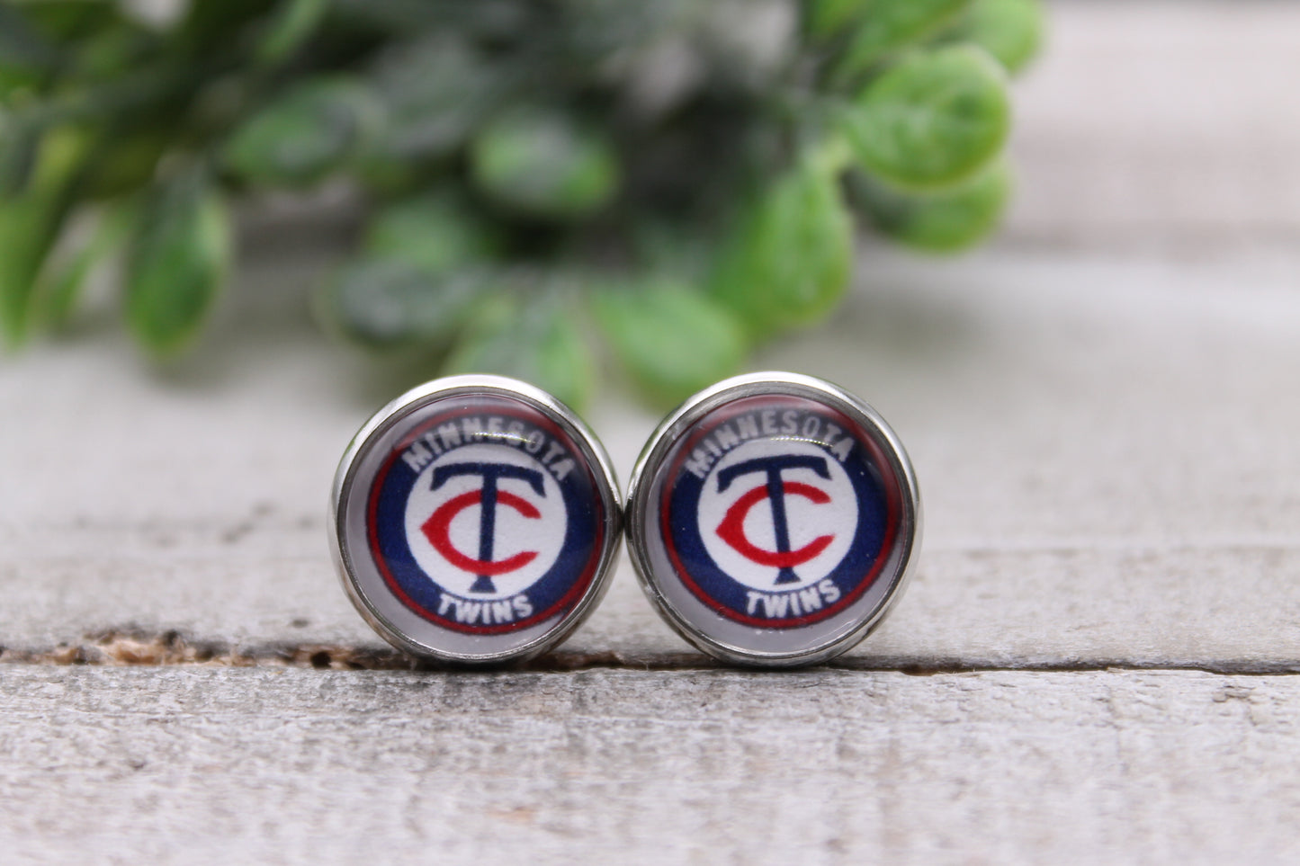 Twins Baseball || 12mm Glass Stud Earrings || Hypoallergenic