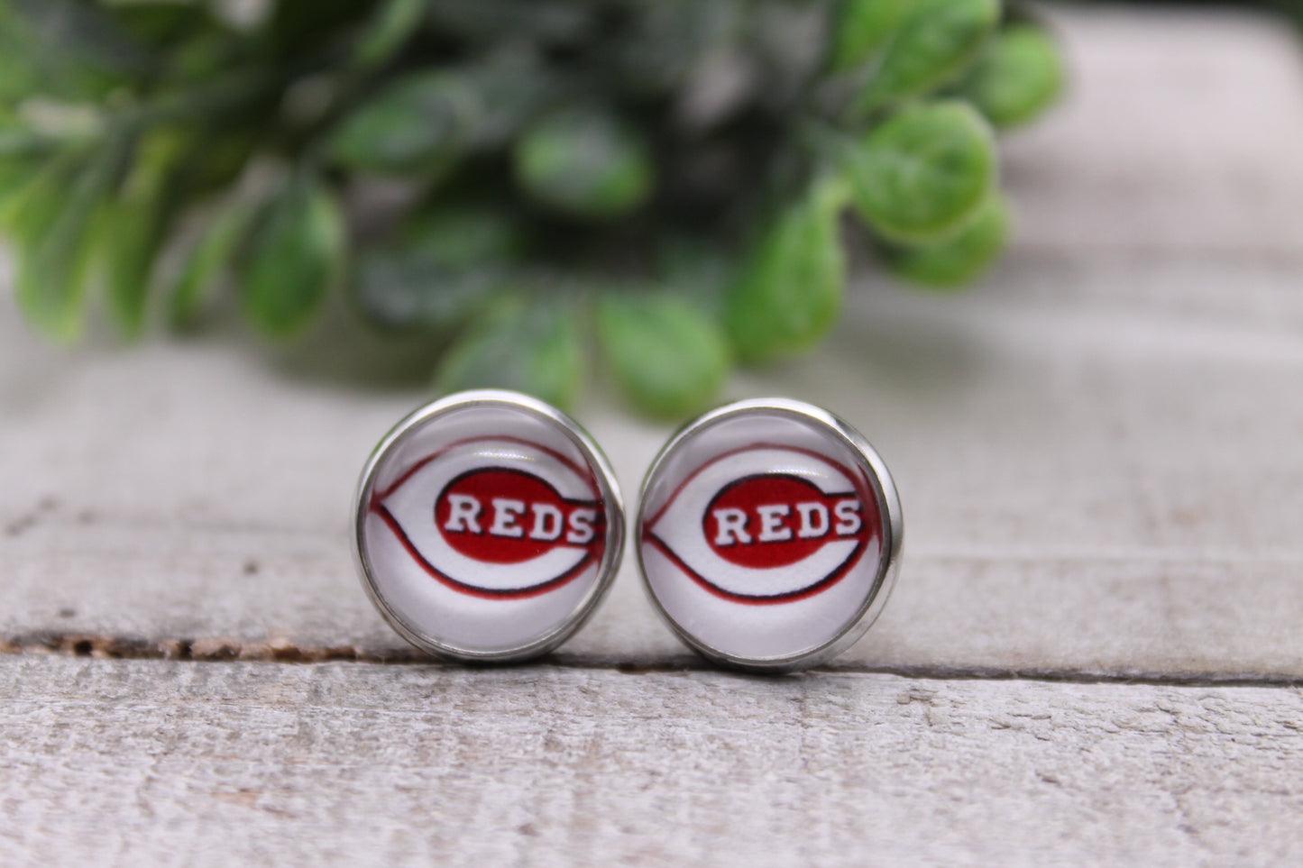 Reds Baseball || 12mm Glass Stud Earrings || Hypoallergenic