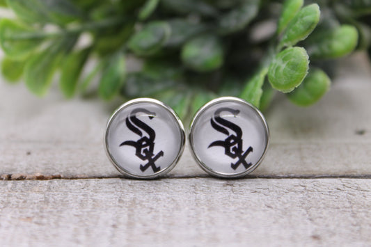 Sox Baseball || 12mm Glass Stud Earrings || Hypoallergenic