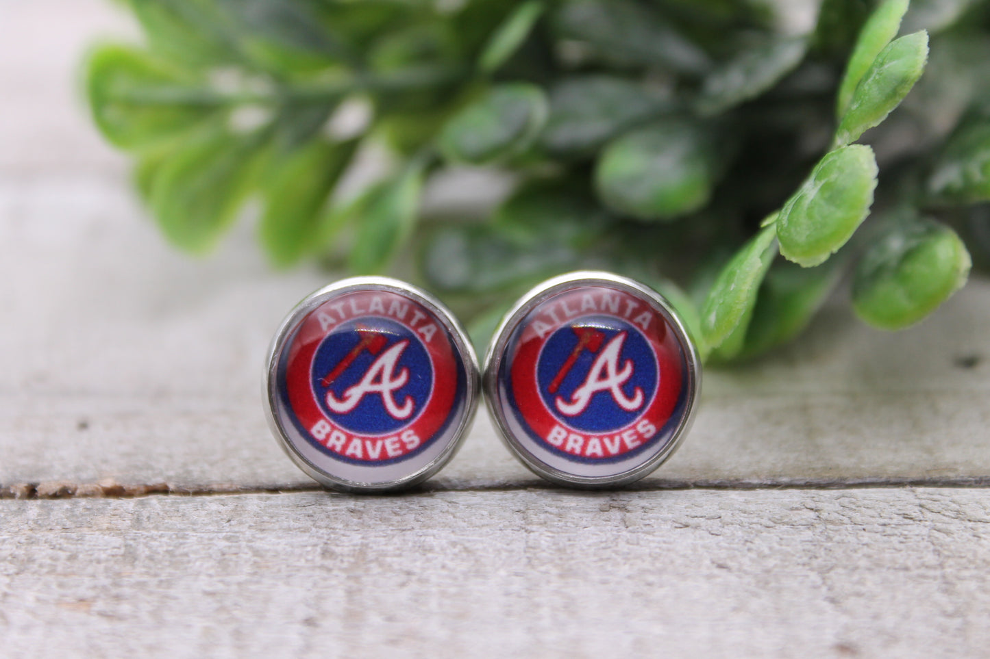 Braves Baseball || 12mm Glass Stud Earrings || Hypoallergenic