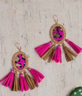 Pink Leopard Oval Fringe Dangle Earrings